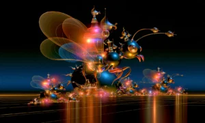 flying blue chicken landscape art