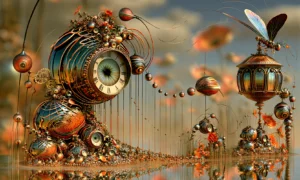 snail clock meadow landscape art
