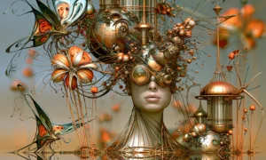 flower goggle lady landscape art