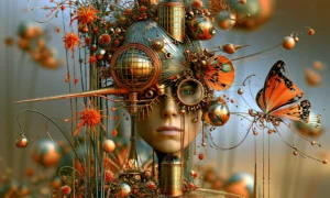 cage globe lady landscape art