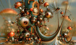 toadstool clock house landscape art