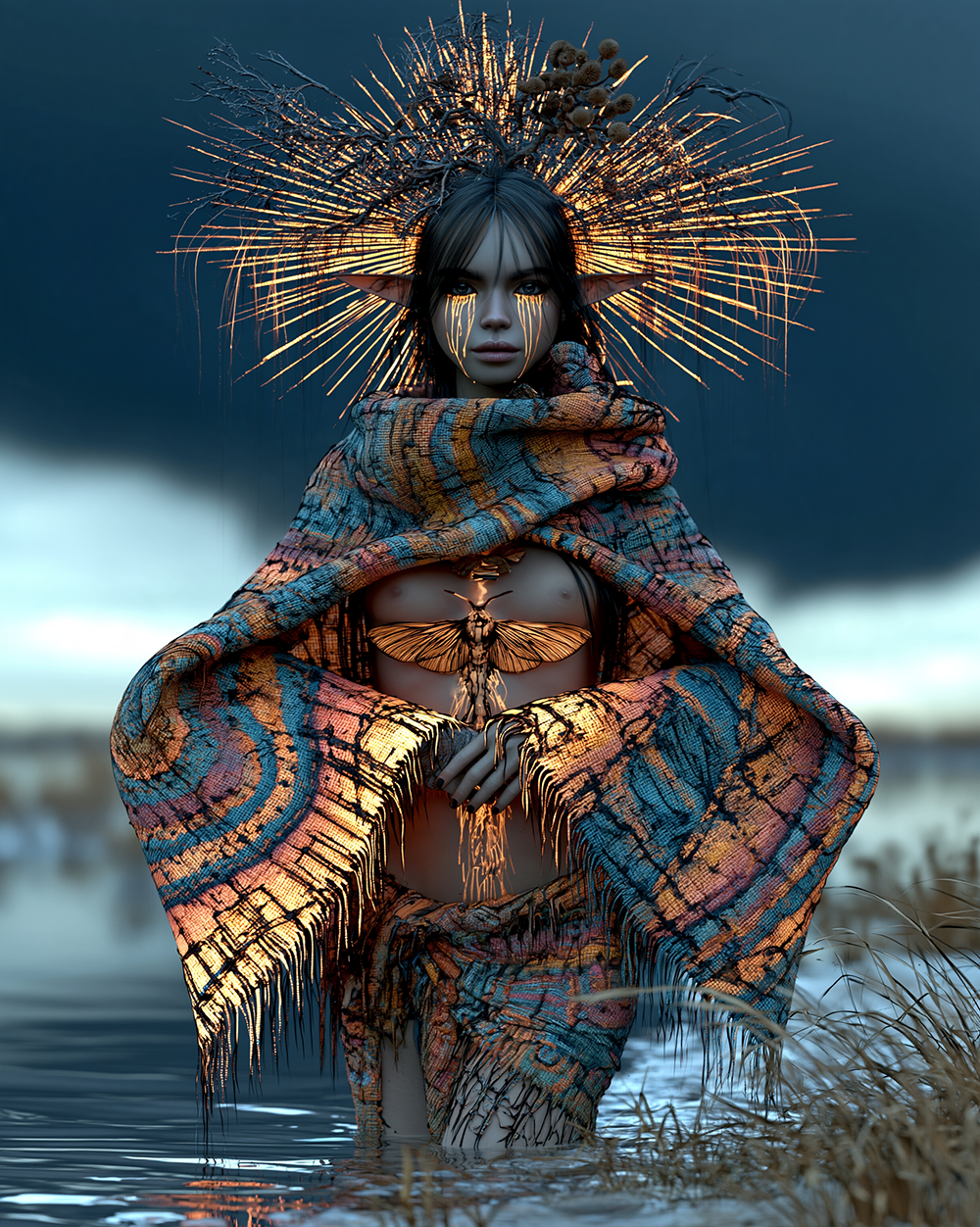 patterned poncho waders portrait art
