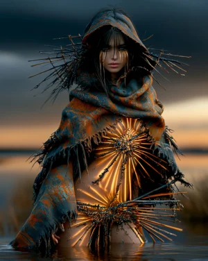 hooded sunburst wanderer portrait art