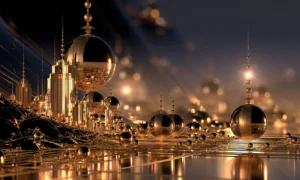 gilded tower orb shore landscape art
