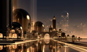 minaret reflecting canal landscape art