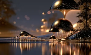 mushroom lamp lake landscape art