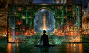 meditator at the screen landscape art