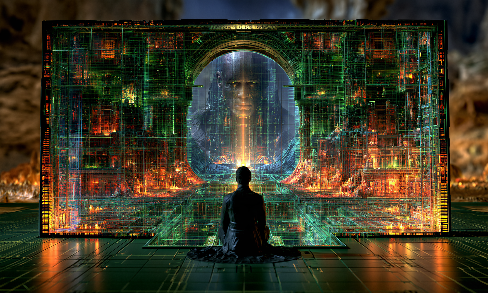 meditator at the screen landscape art
