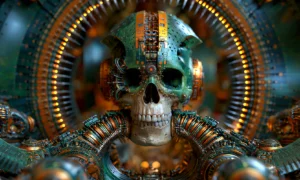 skull halo landscape art