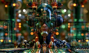 visored cyborg console landscape art