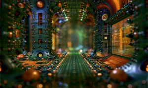 green doorway hall landscape art