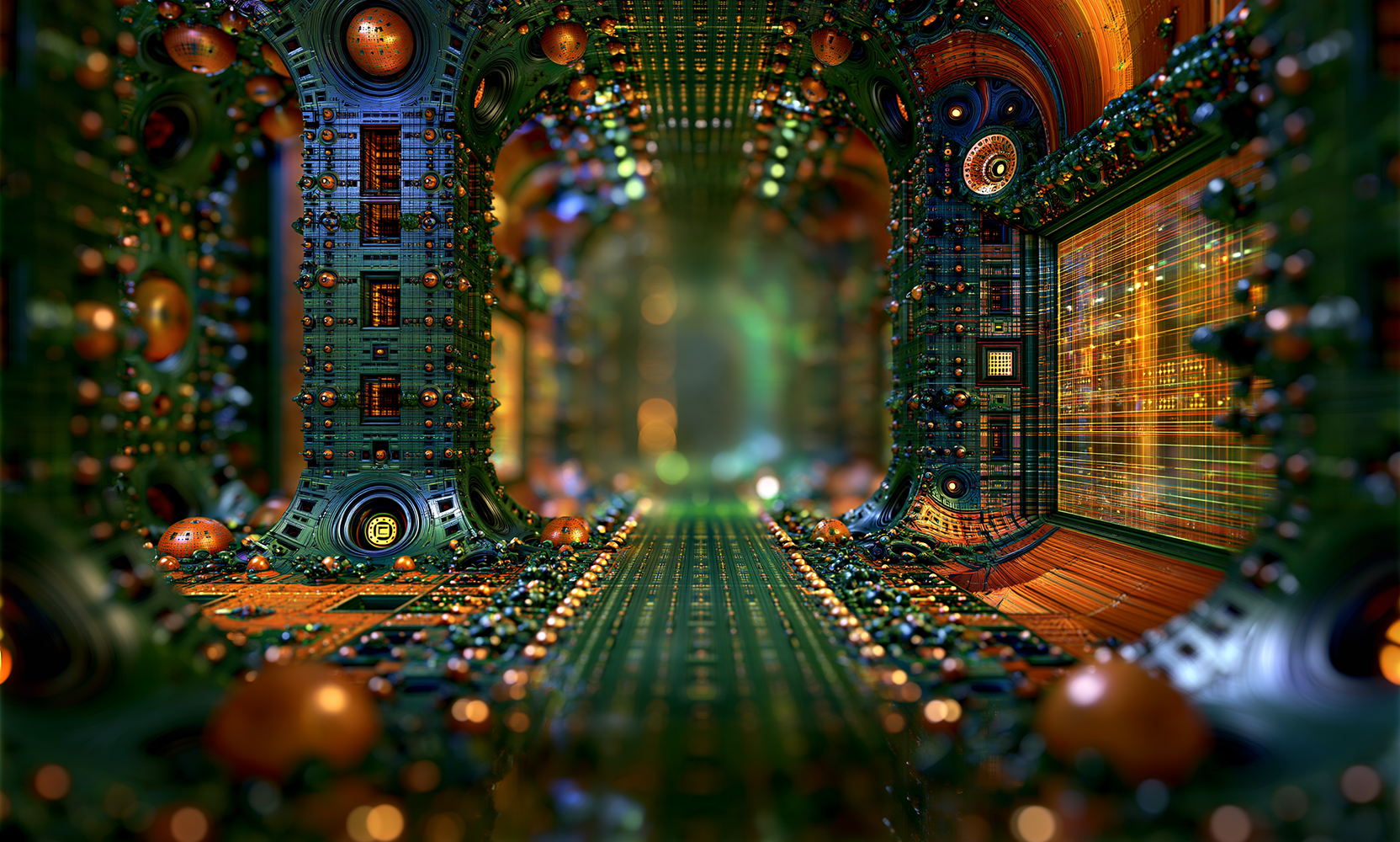 green doorway hall landscape art