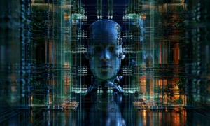 blue head in the grid landscape art