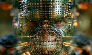 grinning mask landscape art