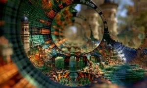 round window village landscape art