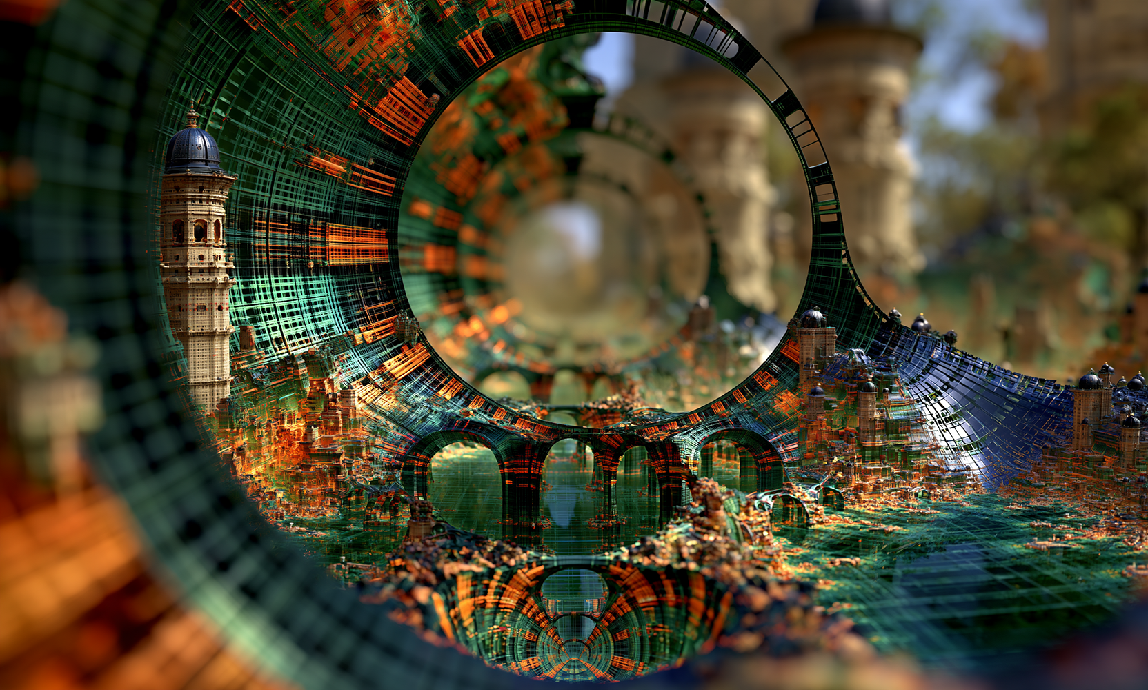 round window village landscape art