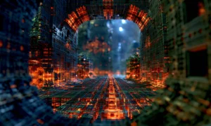 orange grid gate landscape art