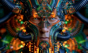 horned cyborg stare landscape art
