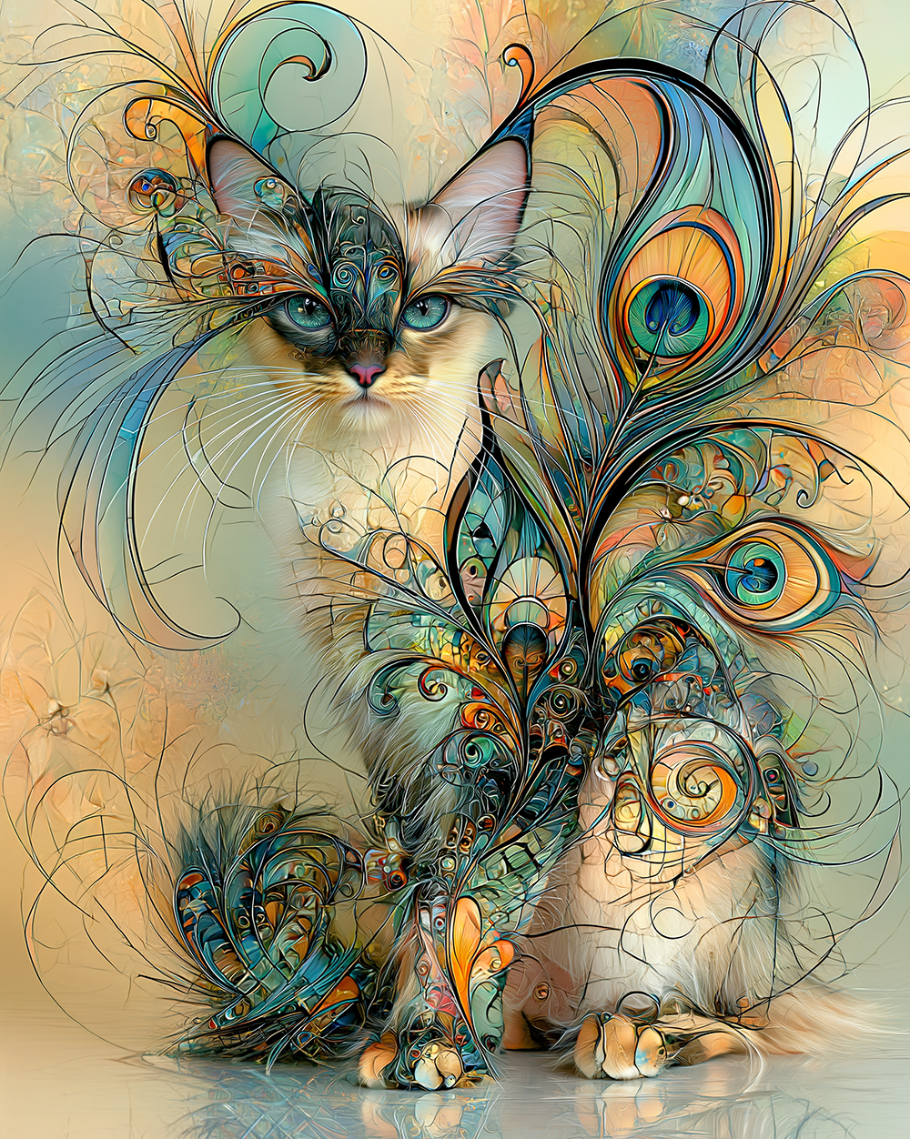 peacock fan mystic cat art