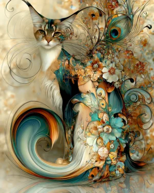 floral plume tail cat portrait art