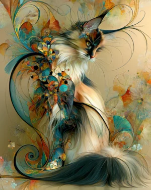 teal scarf maine coon cat art