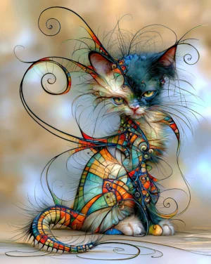 glass tabby lizard tail cat art