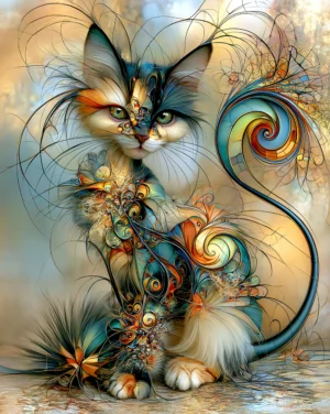 fluffy cat with the teal swirl portrait art