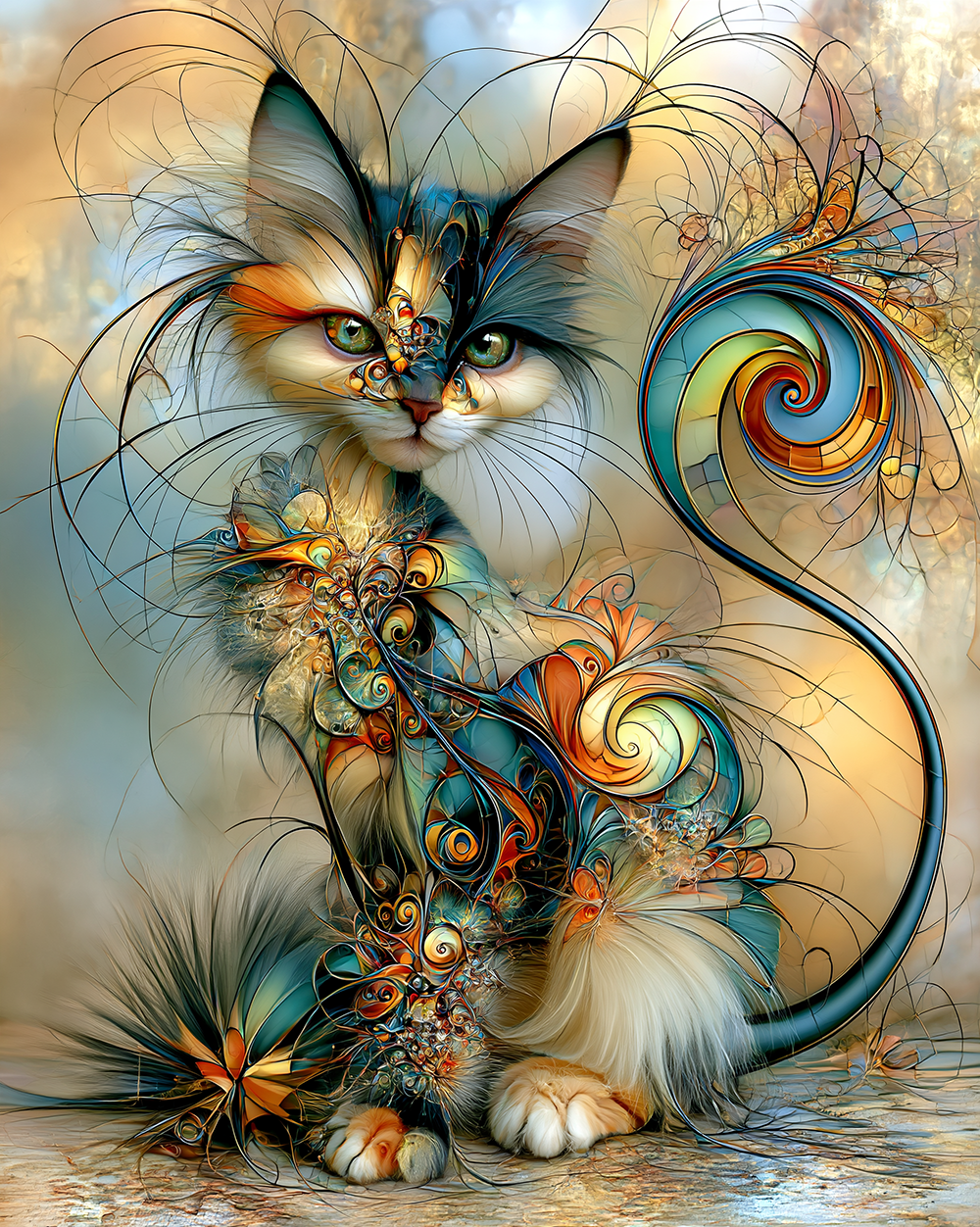fluffy cat with the teal swirl portrait art