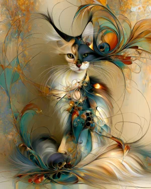 feather tuft calico cat art