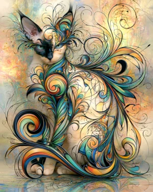 filigree fountain cat portrait art