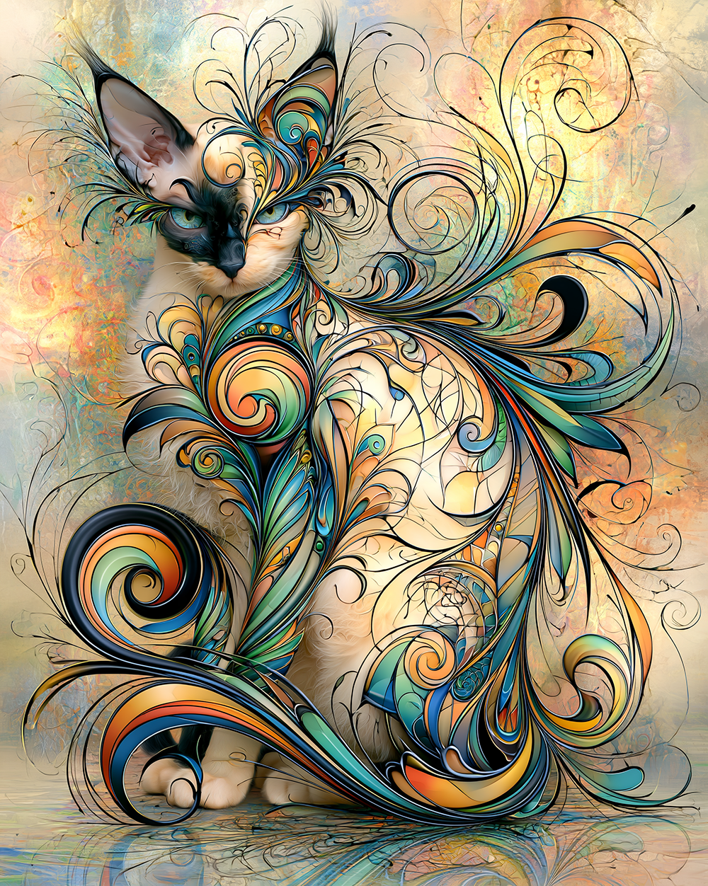 filigree fountain cat portrait art