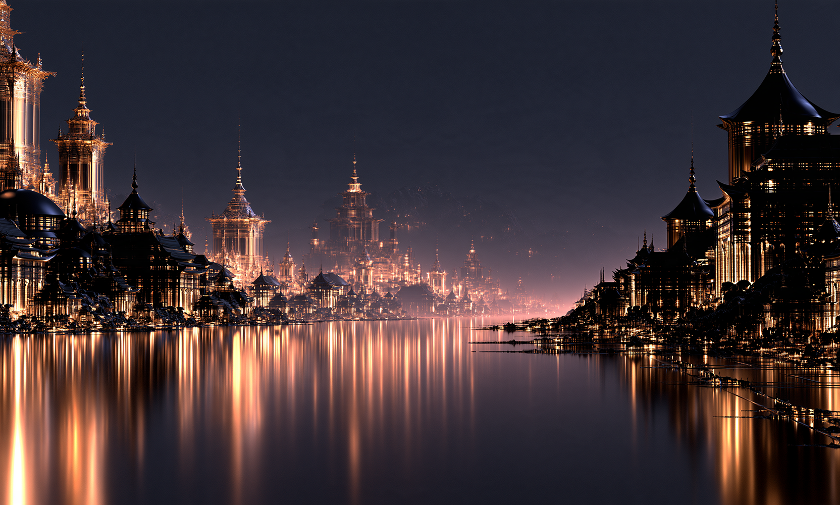 spired citadel on the water landscape art