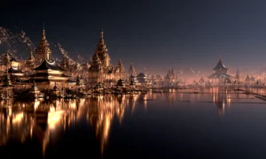 gold spire temple mist landscape art