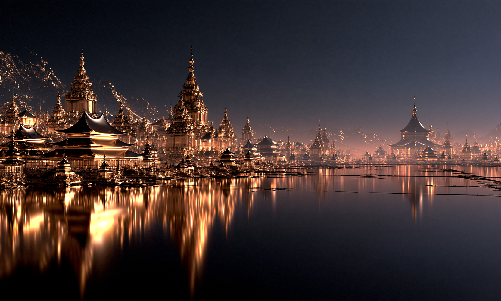 gold spire temple mist landscape art