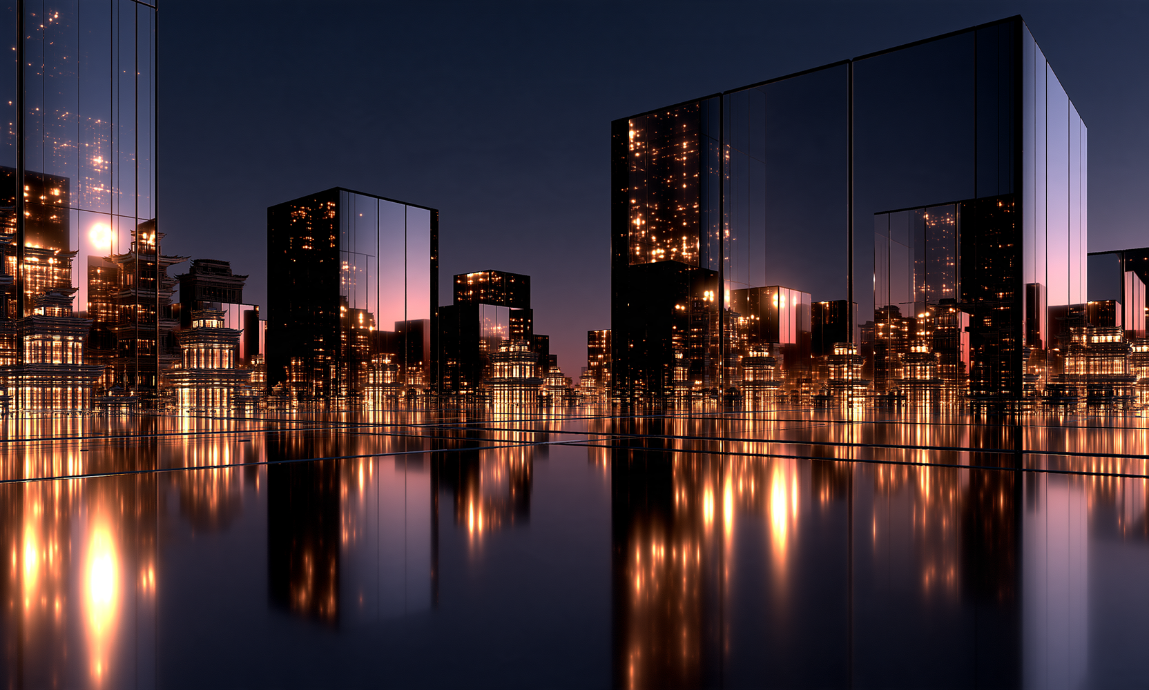 mirror cube towers at dusk landscape art