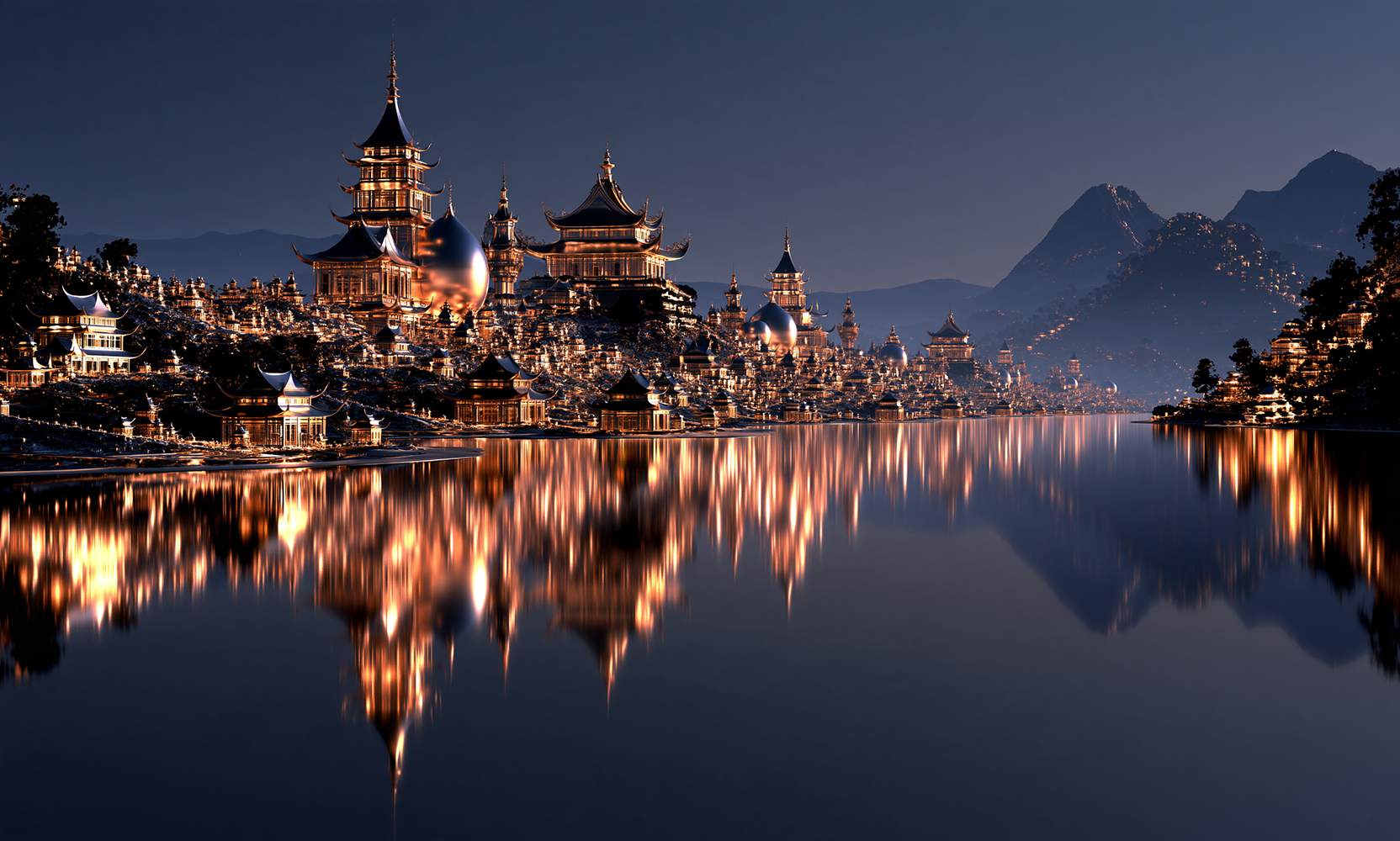 mountain pagoda lake landscape art