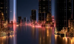 pink glow tower quay landscape art