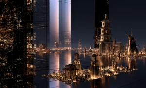 tower glow pagoda isles landscape art