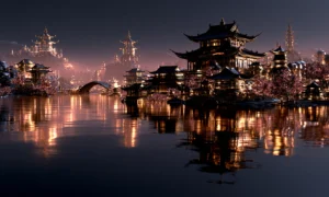 pink blossom pagoda bridge landscape art