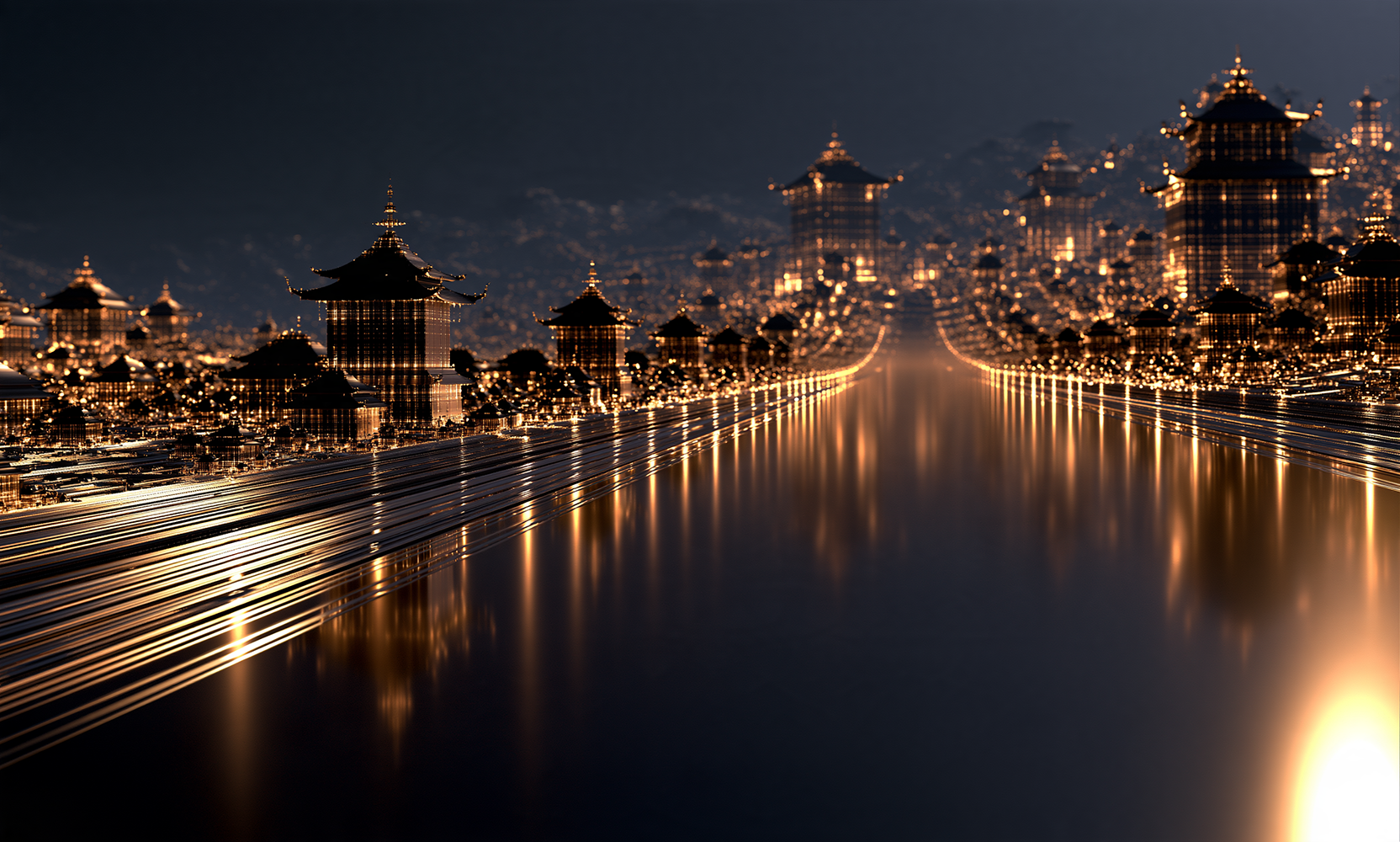 gold light lane pagodas landscape art