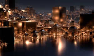 cube pagoda hillside landscape art