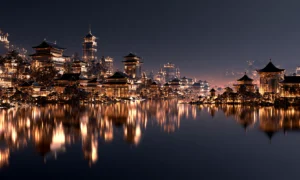 pagoda rooftops at rose dusk landscape art