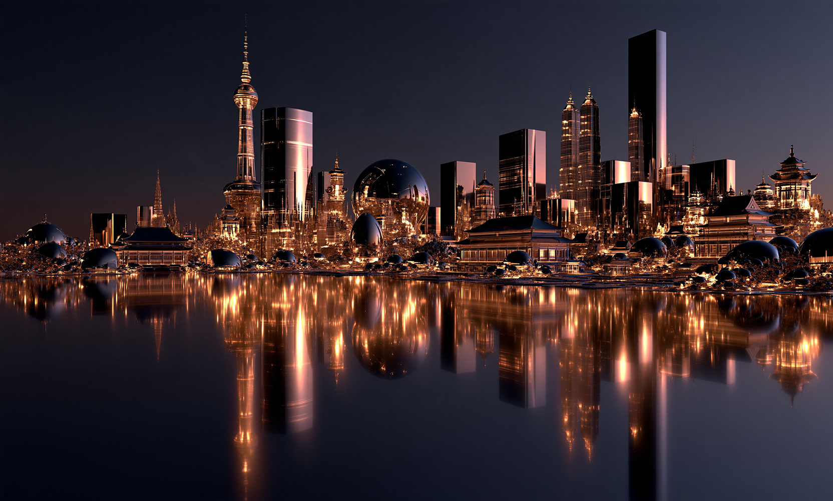 dome and tower waterfront landscape art