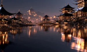 pagoda bridge at blue hour landscape art
