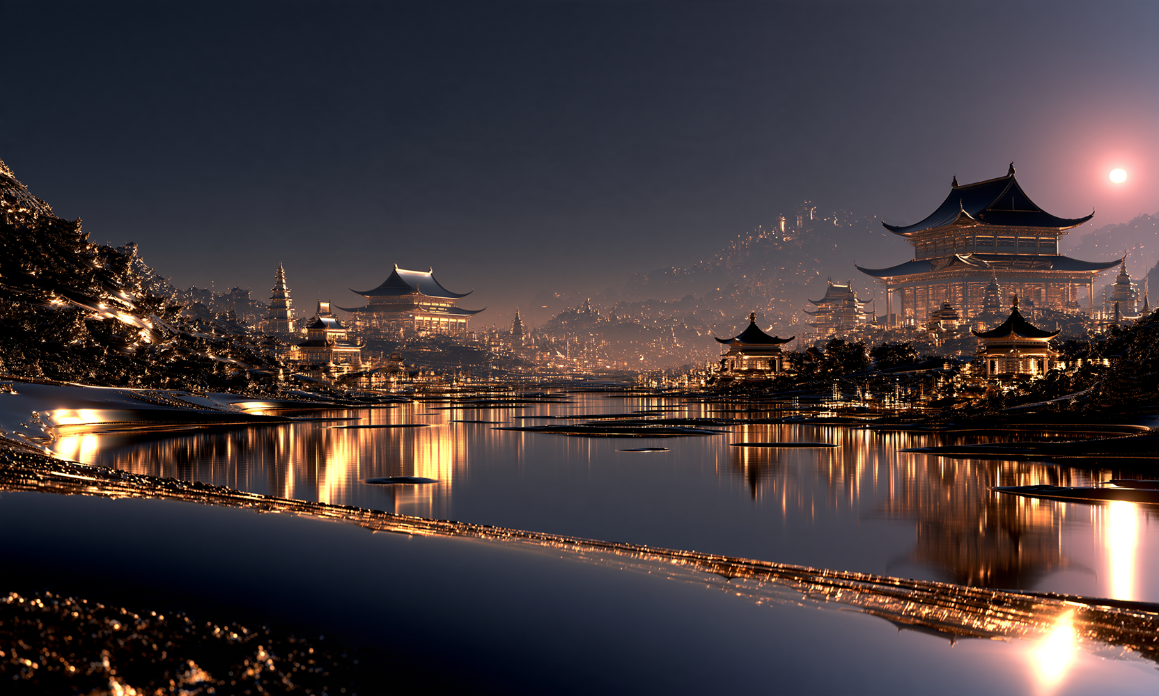 sunset pagoda shoreline landscape art