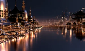 black spire pagoda harbor landscape art