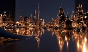 coil wave and pagoda skyline landscape art