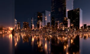 glass towers at blue hour landscape art