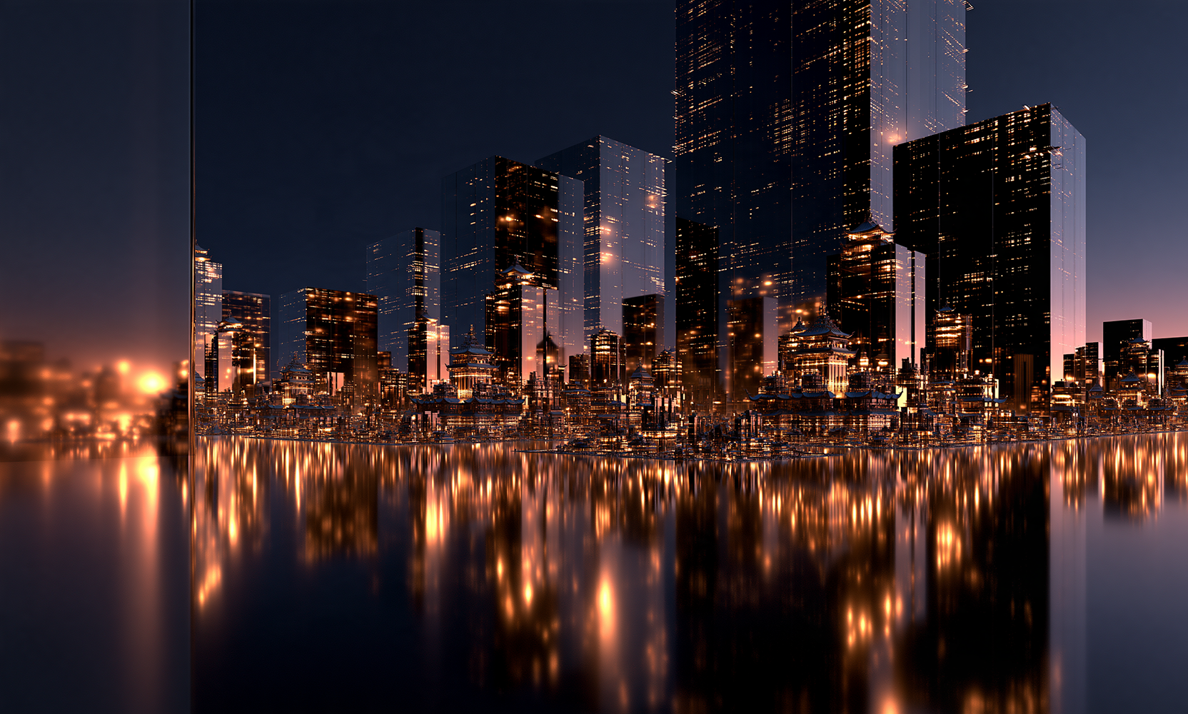 glass towers at blue hour landscape art