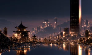 pagoda beside the black tower landscape art